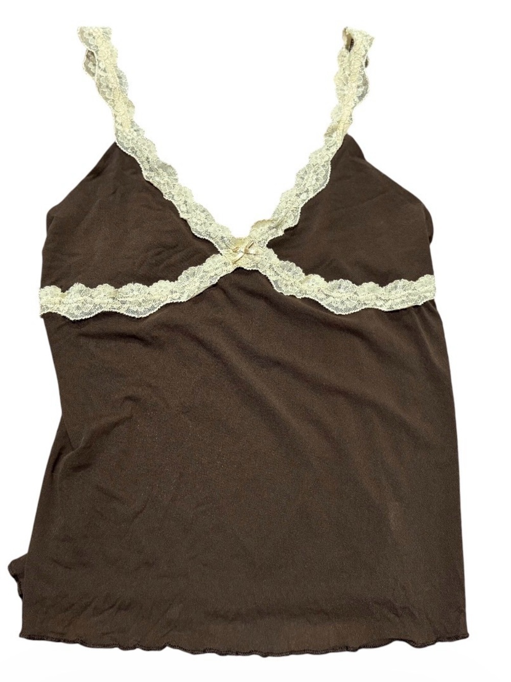 Vintage Old Navy cami tank brown mesh body with cream lace trim size Large